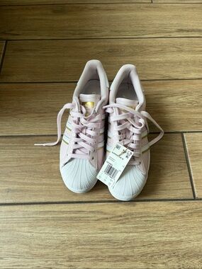 adidas Women's Light Pink and White Shell-Toe Sneakers with Gold Accents
